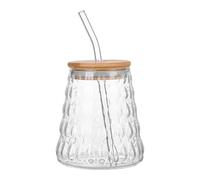 Tomotato Tazza in vetro con cannuccia e coperchio, 500 ml, vintage, in vetro trasparente, riutilizzabile, per caffè freddo, frullati, cocktail birra