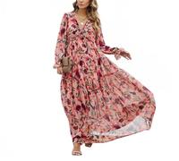 TOMPOATY Abito lungo da donna con maniche a sbuffo in tulle floreale floreale profondo scollo a V a maniche lunghe abiti in chiffon una linea boho casual, Rosso, L