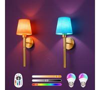 Tomshine 2 Pezzi Applique da Parete Interno a Batteria, 5200mAh Lampada da Parete Senza Fili con Telecomando, Lampadina Magnetica Rimovibile per Ricarica, RGB e Dimmerabile, Paralume in Tessuto per Ca