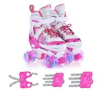 TOMSHOO Pattini a rotelle per bambini con equipaggiamento protettivo, 3 misure per bambini di età diverse, ruote LED regolabili luminose, pattini a rotelle per ragazze principianti, regalo rosa, M