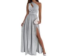 Tomwell Donna Abito da Sera Lungo Elegante Chiffon con Spacco Vestito Allacciato al Collo Vestito Lungo Allacciato al Collo Design A Pieghe F Argento L