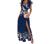 Tomwell Donna Vestito Lungo con Spacco Laterale Vestiti Tinta Unita Manica Lunga Scollo a V Profondo Maxi da Sera Banchetto Abito Cocktail Vestito Lungo A Blu L