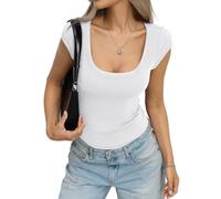 Tomwell Maglietta da donna in cotone a coste con scollo a U, maniche corte, maniche ad ali, slim fit, basic estiva Going Out Top 2026, bianco, S