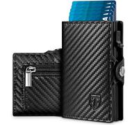 Tomylv Portafoglio Uomo RFID Blocking, Portafoglio Uomo Slim Pelle in Fibra di Carbonio con 7 Porta Carte di Credito Uomo, Tasca con Cerniera, Chiusura con Bottone, con Confezione Regalo - Nero