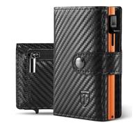 Tomylv Portafoglio Uomo Slim RFID Blocking, Fibra di Carbonio Porta Carte di Credito Uomo - ID Window, Tasca Portamonete con Cerniera, Scomparto per Banconota, Confezione Regalo - Nero Arancione