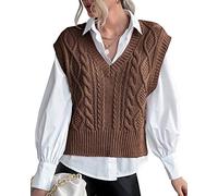 Tongmingyun Maglione da donna con scollo a V, maglione con cavo, colore solido, senza maniche, vestibilità senza maniche, caffè, S