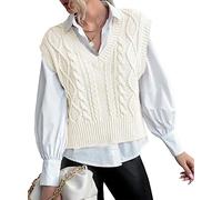 Tongmingyun Maglione da donna con scollo a V, maglione con cavo, colore solido, senza maniche, vestibilità senza maniche, bianco, L