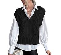 Tongmingyun Maglione da donna con scollo a V, maglione con cavo, colore solido, senza maniche, vestibilità senza maniche, Nero , M