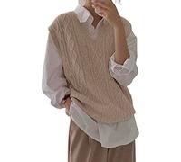 Tongmingyun Maglione da donna, senza maniche, con scollo a V, oversize, maglione a maglia, casual, da donna, per l'autunno, alla moda, maglia fine, cachi, XL