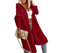 Tongmingyun Signore Lungo Cardigan Cavo Maglia Aperto Fronte Oversize Cappuccio Capispalla Maglione Cappotto, Colore: rosso, S