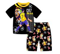 TONGQUD Set di pigiami per ragazzi 2 pezzi a maniche corte, con Ronaldo n. 7, per i tifosi, in cotone estivo, morbido, set di pigiami, notte e giorno, Nero , 10-11 Years