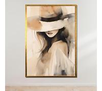 TONGYINLI Dipinto su tela acquerello Donna con cappello, poster e stampe di moda minimalista, opera d'arte moderna e decorativa in stile boho-chic (50x70 cm/cornice interna)