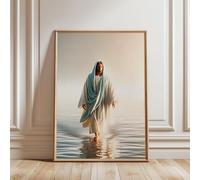 TONGYINLI Dipinto su tela Gesù cammina sull'acqua - Opera d'arte biblica ispirata alla fede, poster e stampe religiose per l'arredamento della casa (60x90 cm/cornice interna)