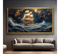 TONGYINLI Dipinto su tela nautico dorato, maestoso veliero con poster e stampe celestiali, lussuosa decorazione murale marittima (50x75 cm/senza cornice)