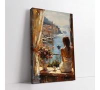 TONGYINLI Opera d'arte su tela 3D - Dipinto a olio di grandi dimensioni di una donna su un balcone con vista sul mare, decorazione murale moderna, poster e stampe 40x60 cm senza cornice