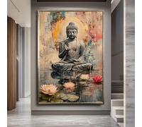 TONGYINLI Poster di Buddha sereno con fiori di loto | Pittura a olio per meditazione | Per decorazioni murali zen | Stampa su tela spirituale (60x90 cm/senza cornice)