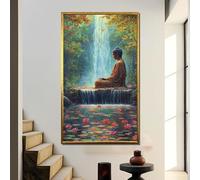 TONGYINLI Poster di Buddha sereno, dipinto su tela con cascata di meditazione | Stampe artistiche di un tranquillo laghetto di loto | Decorazione murale con natura pacifica (70x130 cm/senza cornice)