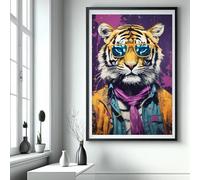 TONGYINLI Poster di moda con tigre che indossa una giacca, ritratto di animale divertente, graffiti, dipinto su tela, arte murale della fauna selvatica, arredamento per la casa, cornice 60x80cm