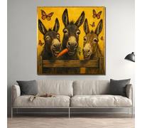 TONGYINLI Poster e stampe di asini, immagine di un trio che condivide una carota, allegre farfalle su tela per decorazioni murali in stile fattoria (80x80 cm/cornice interna)