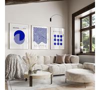 TONGYINLI Set di 3 poster Bauhaus blu, stampa su tela minimalista retrò, dipinto da esposizione, opera d'arte moderna di metà secolo (20x30 cm x 3/cornice interna)