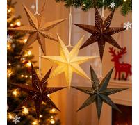 Toni Scuri Set di Ornamenti Stelle di Natale 3D Perforate - 5 Pezzi Stelle Decorative da Appendere con Luce LED, Stile Rustico Bordo Dorato, per Albero di Natale, Decorazione Casa e Feste Invernali
