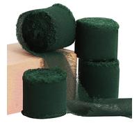 TONIFUL 4 rotoli di nastro in chiffon di seta, 3,8 cm x 20,9 m, verde scuro, nastri in chiffon con frange fatte a mano, bordi sfilacciati, per confezioni regalo, bouquet da sposa, inviti di nozze,