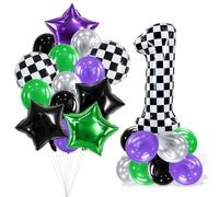 TONIFUL Decorazioni per il primo compleanno a tema auto da corsa, colore | Palloncino a scacchi numero 1 da 101,6 cm, con palloncini viola verdi e neri per un primo compleanno