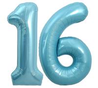 TONIFUL Palloncini con numeri macaron grandi da 100 cm, numero 16, palloncini a elio, in Mylar Big Digital 16 palloncini blu macaron per festa di 16° compleanno, decorazioni per 16° anniversario