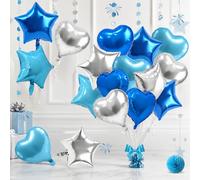 TONIFUL Palloncini in lamina blu e argento da 45,7 cm, a forma di stella e cuore, 18 palloncini di compleanno in Mylar a elio blu reale e argento, per rivelare il sesso dei bambini, feste di laurea