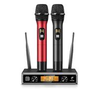 TONOR Microfono radio wireless UHF in metallo, professionale dinamico doppio microfoni senza fili, sistema mic a mano, set per karaoke, feste, DJ, chiesa, matrimonio, riunione, 60m, Nero e Rosso,TW820
