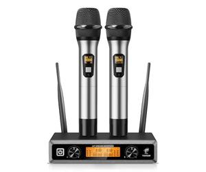TONOR Microfono radio wireless UHF in metallo, professionale dinamico doppio microfoni senza fili, sistema mic a mano, set per karaoke, feste, DJ, chiesa, matrimonio, riunione, 60m, Argento, TW820