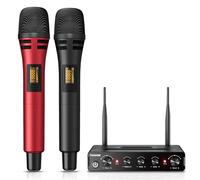 TONOR Microfono Wireless Dinamico, Professionale Sistema di microfoni per Karaoke, UHF Set Mic Senza Fili per DJ, Discorsi, Feste Domestico, Singing, Chiese, Matrimoni, 60M, Nero&Rosso, TW350