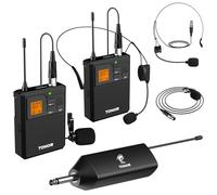 TONOR Microfono Wireless doppio UHF con Microfono archetto/Lavalier Microphone e Trasmettitore Bodypack e Mini Ricevitore Ricaricabile 1/4" Uscita, Distanza 60M Segnale stabile per Prestazioni Live