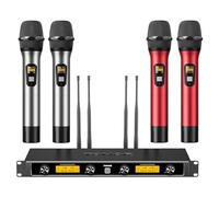TONOR Microfono wireless UHF in metallo, 4 professionale dinamico doppio microfoni senza fili, sistema mic a mano, 4x5 Canali, per karaoke, feste, DJ, chiesa, matrimonio, 90m,Argento e Rosso,TW820