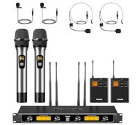TONOR Sistema microfonico wireless UHF, Microfono palmare/Microfono archetto/Lavalier Microphone, Trasmettitore Bodypack, Ricevitore Metallo 4x5 frequenze, 90M per Chiesa Karaoke Canto, 4 canali