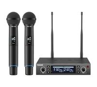 TONOR sistema microfono wireless, microfono ricaricabile professionale, microfono dinamico cordless in metallo 2x100 UHF per karaoke, chiesa, canto, matrimonio, riunione, DJ, Auto Scan, 328ft, TW750