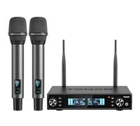 TONOR Sistema Microfono Wireless, Microfono Ricaricabile Professionale, Microfono Dinamico Cordless in Metallo 2x100 UHF per Karaoke, Chiesa, Canto, Matrimonio, Riunione, DJ, Auto Scan, 80m,TW550