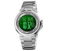 TONSHEN Fashion Orologio da Uomo Acciaio inossidabile Digitale Doppio Tempo LED Elettronico Multifunzione Allarme Cronometro Controluce Orologi da Polso (Argento 2)