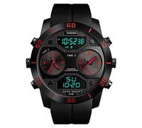 TONSHEN Orologi da Polso da Uomo Impermeabile 50M Analogico Quarzo LED Digitale Tre Tempo Acciaio Inossidabile Cassa e Gomma Cinturino Cool Outdoor Sportivo Orologio (Rosso)
