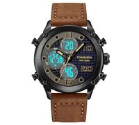 TONSHEN Orologi da Polso Uomo Acciaio Inossidabile e Pelle Cinturino Digitale Multifunzione LED Elettronico Tre Tempo Outdoor Militare Sportivo Orologio (Marrone)