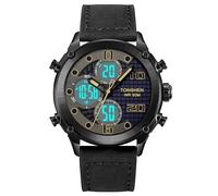 TONSHEN Orologi da Polso Uomo Acciaio Inossidabile e Pelle Cinturino Digitale Multifunzione LED Elettronico Tre Tempo Outdoor Militare Sportivo Orologio (Nero)