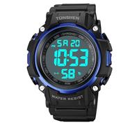 TONSHEN Sportivo Orologio Uomo 50M Impermeabile LED Elettronico Outdoor Digitale 12H/24H Orologi da Polso Plastica Cassa Gomma Cinturino (Blu)