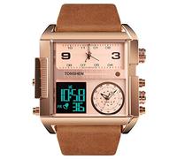 TONSHEN Uomo Acciaio Inossidabile Digitale Orologi da Polso e Pelle Cinturino Multifunzione LED Elettronico Outdoor Militare Sportivo Orologio Tre Tempo Stile Casual (Rosa 2)