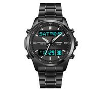 TONSHEN Uomo Acciaio Inossidabile Tre Tempo Orologio Analogico Quarzo LED Digitale Elettrone Multifunzionale 12H/24H Outdoor Militare Sportivo Multifunzione Orologi da Polso (Nero 2)