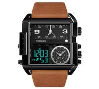 TONSHEN Uomo Fashion Acciaio Inossidabile Digitale Orologi da Polso e Pelle Cinturino Multifunzione LED Elettronico Outdoor Militare Sportivo Orologio Tre Tempo Stile Casual (Nero 1)
