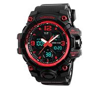 TONSHEN Uomo Multifunzione Digitale Sportivo Orologio Grande Plastica Cassa e Gomma Cinturino Analogico Quarzo LED Elettronico Doppio Tempo 50M Impermeabile Militare Orologi da polso (Rosso)