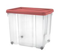 Tontarelli Contenitore multiuso grande Puzzle Box, con coperchio e ruote, 60,5x40x50cm, colore trasparente e Rosso Corallo