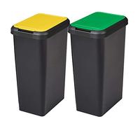 Tontarelli Touch&Lift - Set di 2 secchi per riciclaggio, 90 litri, colore: nero, con coperchio, doppio-giallo/verde