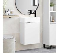 Tonture Mobile sottolavabo da bagno bianco con lavabo e miscelatore da bagno nero, in legno e ceramica, 45,5 x 22,5 x 84 cm, vano portaoggetti con anta reversibile