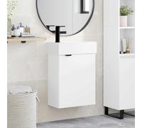 Tonture Mobile sottolavabo da bagno, bianco, con lavabo in ceramica e miscelatore nero, 45,5 x 22,5 x 84 cm, in legno, con vano portaoggetti, porta reversibile